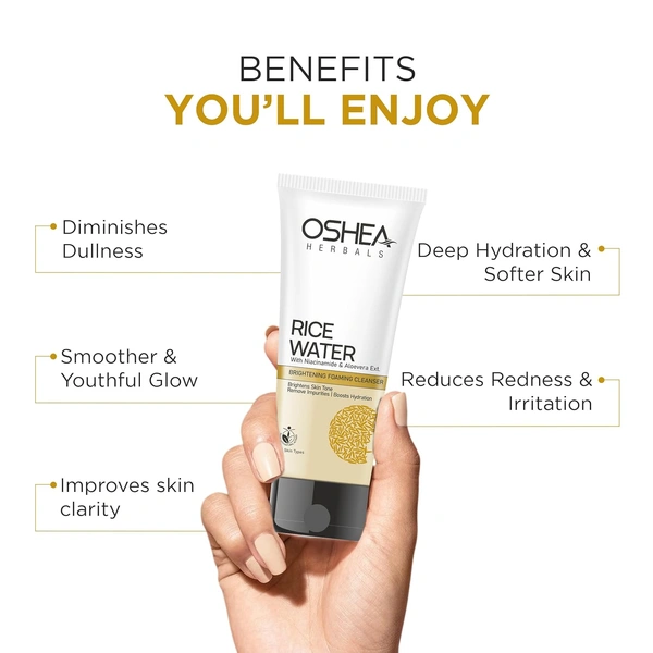 Oshea Herbals Rice Water Brightening Foaming Cleanser 100 ml | Niacinamide & Aloe Vera Face Wash | Removes Impurities, Boosts Hydration & Evens Skin Tone