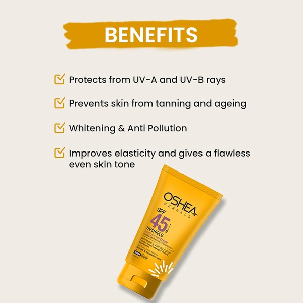 Oshea Herbals UVShield Mattifying Gel Cream SPF 45, 60gm with PA+++ | Broad-Spectrum UVA & UVB Protection | Lightweight, Oil-Free, Water-Resistant Formula | Shine-Free Finish