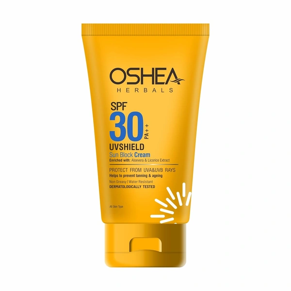 Oshea Herbals UVShield Sun Block Cream SPF 30, 120g | Broad-Spectrum UVA & UVB Protection | Non-Greasy, Water-Resistant Formula | Hydrating & Tan Prevention