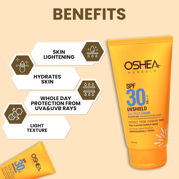 Oshea Herbals UVShield Sun Block Cream SPF 30, 120g | Broad-Spectrum UVA & UVB Protection | Non-Greasy, Water-Resistant Formula | Hydrating & Tan Prevention