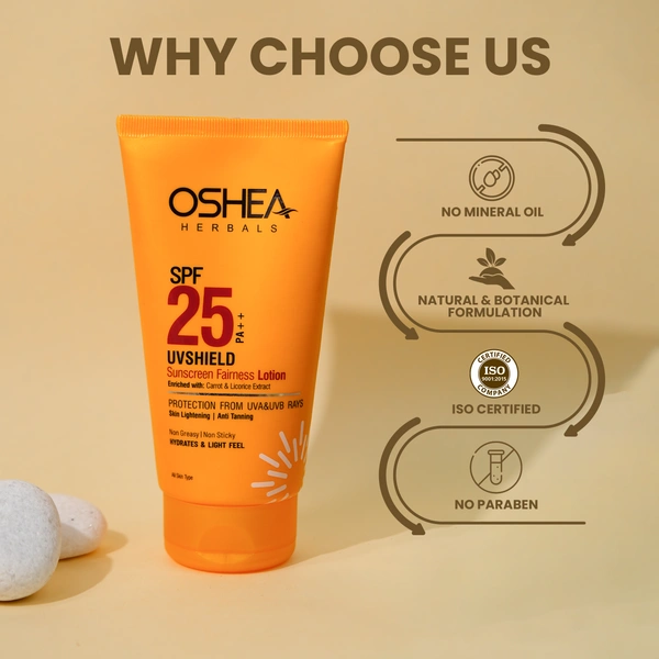 Oshea Herbals UVShield Sunscreen Fairness Lotion SPF 25, 120g | Broad-Spectrum UVA/UVB Protection | Prevents Tanning & Lightweight | Non-Greasy, with Aloe Vera & Licorice