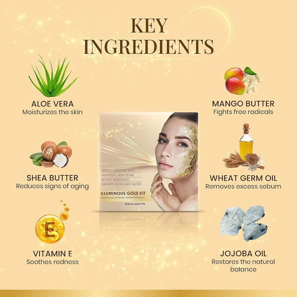 Ozone Illuminous Gold Facial Kit - 60g | 6-Step Organic Facial for Radiant, Luminous Skin | Reduce Dullness | Skin Brightening | For Natural Golden Glow | For All Skin Types