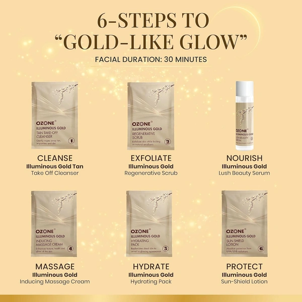 Ozone Illuminous Gold Facial Kit - 60g | 6-Step Organic Facial for Radiant, Luminous Skin | Reduce Dullness | Skin Brightening | For Natural Golden Glow | For All Skin Types