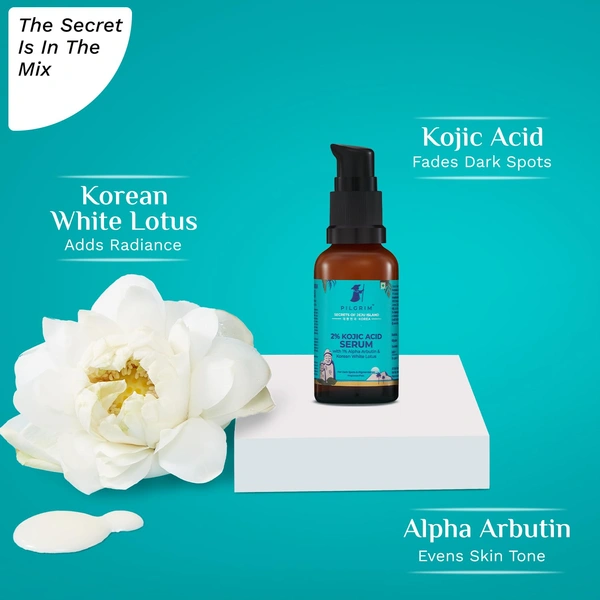 Pilgrim 2% Kojic Acid Serum - 30ml | with 1% Alpha Arbutin & Korean White Lotus | Reduces Dark Spots & Acne Marks | Anti-pigmentation Face Serum | Even Skin Tone | Radiant Complexion Serum | Hydrating brightening | For All Skin Types