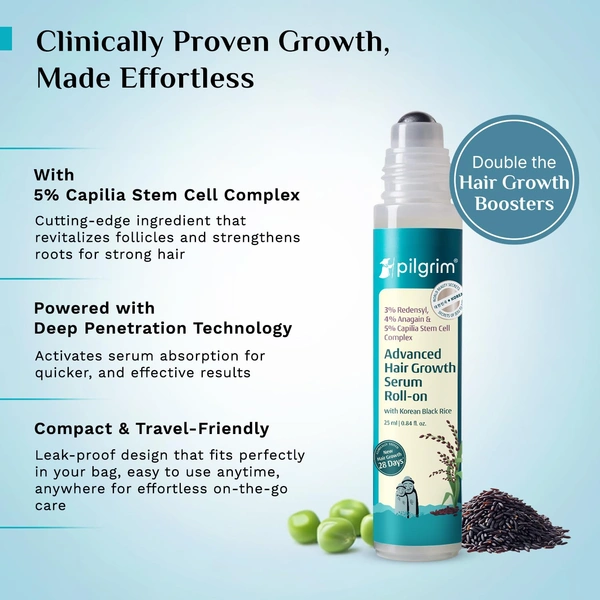 Pilgrim 3% Redensyl & 4% Anagain Advanced Hair Growth Serum 25ml Roll-On | Korean Black Rice Scalp Treatment | Controls Hair Fall, Boosts Regrowth & Density