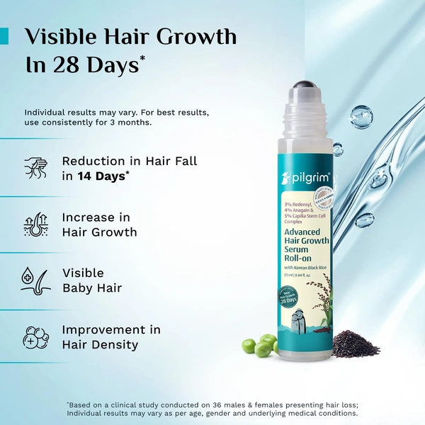 Pilgrim 3% Redensyl & 4% Anagain Advanced Hair Growth Serum 25ml Roll-On | Korean Black Rice Scalp Treatment | Controls Hair Fall, Boosts Regrowth & Density