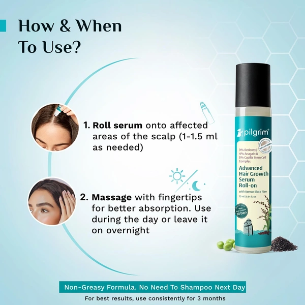 Pilgrim 3% Redensyl & 4% Anagain Advanced Hair Growth Serum 25ml Roll-On | Korean Black Rice Scalp Treatment | Controls Hair Fall, Boosts Regrowth & Density