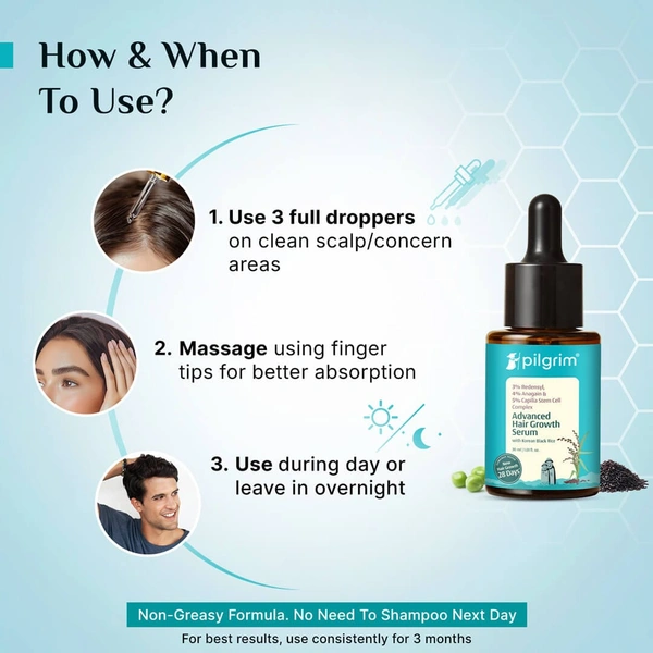 Pilgrim 3% Redensyl & 4% Anagain Advanced Hair Growth Serum 25ml Roll-On | Korean Black Rice Scalp Treatment | Controls Hair Fall, Boosts Regrowth & Density