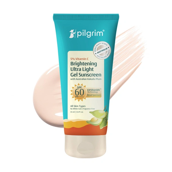 Pilgrim 5% Vitamin C Brightening Ultra Light Gel Sunscreen with Australian Kakadu Plum 45ml | SPF 60 PA++++ UVShieldX Technology | Broad Spectrum | No White Cast