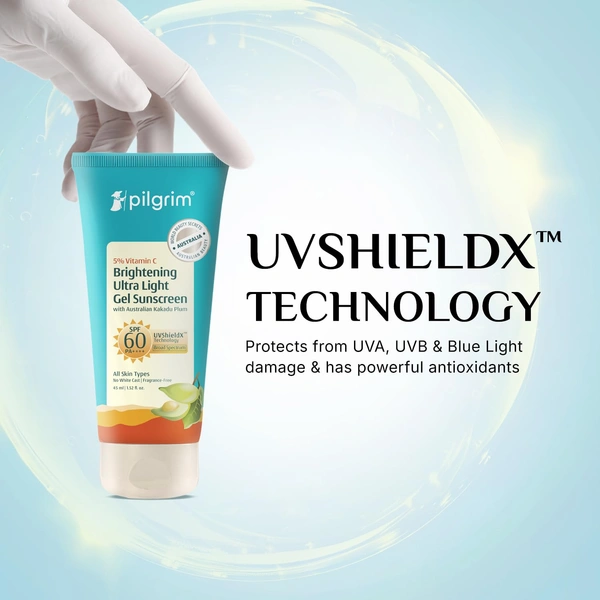Pilgrim 5% Vitamin C Brightening Ultra Light Gel Sunscreen with Australian Kakadu Plum 45ml | SPF 60 PA++++ UVShieldX Technology | Broad Spectrum | No White Cast