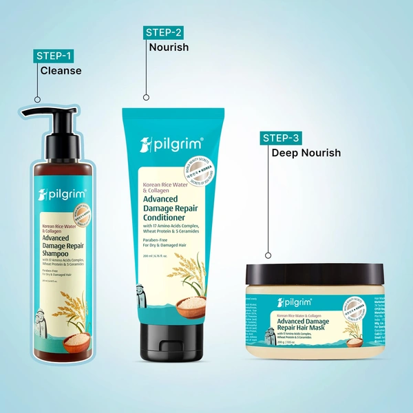 Pilgrim Advanced Damage Repair Shampoo 400ml with Korean Rice Water & Collagen for Unisex use | 17 Amino Acids, Wheat Protein & 5 Ceramides | Paraben-Free Formula for Dry, Damaged Hair