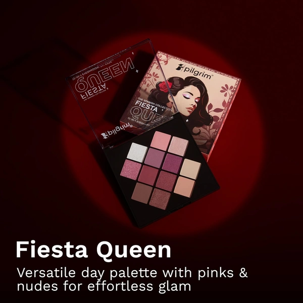 Pilgrim Eyeshadow Palette Fiesta Queen | 12-in-1 Highly Pigmented Eye Shades | Vibrant Multi-Finish Palette | Ultra Blendable Smooth Texture | Party Glam Festival Looks | 24gm