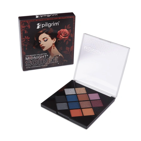 Pilgrim Eyeshadow Palette Midnight Soiree | 12-in-1 Highly Pigmented Multi-Finish Eye Shades | Intense Color Payoff | Long Lasting & Blendable Formula | 24gm Ultimate Glam Palette