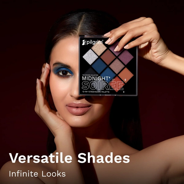 Pilgrim Eyeshadow Palette Midnight Soiree | 12-in-1 Highly Pigmented Multi-Finish Eye Shades | Intense Color Payoff | Long Lasting & Blendable Formula | 24gm Ultimate Glam Palette
