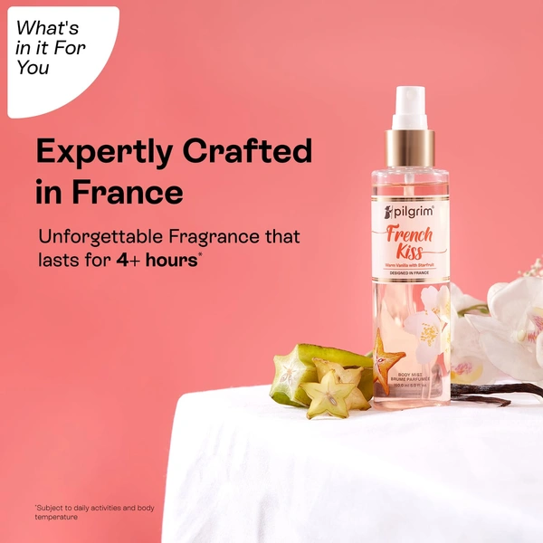 Pilgrim French Kiss Body Mist - 150ml | With Warm Vanilla & Sensual Starfruit | Long-Lasting |  Body Mist for Women | Ideal Gift for Fragrance Lovers | Romance perfume for women | Designed in France