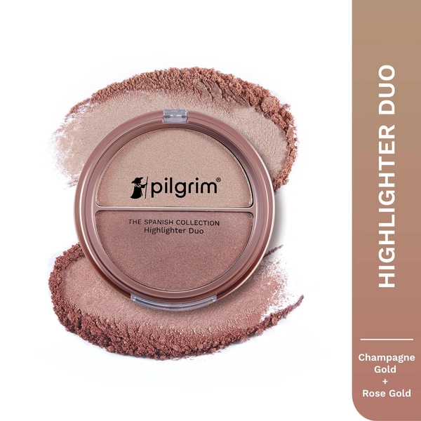 Pilgrim Highlighter Duo Gold & Rose Gold-01, 11g | Buildable Glow with Two Radiant Shades for a Luminous Finish, Perfect for Day or Night Makeup Looks.