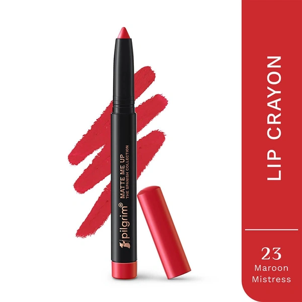 Pilgrim Lip Crayon 1.4g Matt Me Up The Spanish Collection Maroon Mistress 23 | Ultra Smooth Velvet Matte, High Pigment, Long Wear Nude Lip Crayon