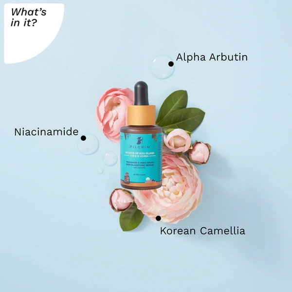 Pilgrim Niacinamide & Alpha Arbutin Skin Clarifying Serum, 30ml | Reduces Dark Spots, Brightens Skin, and Improves Texture for a Smooth, Even Complexion.