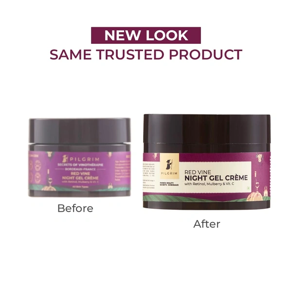 Pilgrim Red Vine Night Gel Cream -50g | With  Retinol, Mulberry & Vitamin C  | Anti-Aging | Wrinkle Reducing | Youthful Glow | Non-greasy | Nourishing Overnight | for Oily, Dry & Sensitive skin