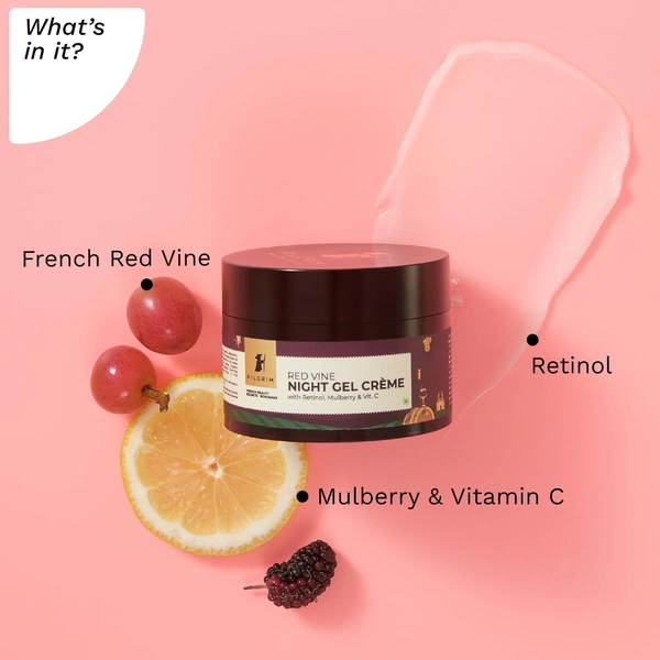 Pilgrim Red Vine Night Gel Cream -50g | With  Retinol, Mulberry & Vitamin C  | Anti-Aging | Wrinkle Reducing | Youthful Glow | Non-greasy | Nourishing Overnight | for Oily, Dry & Sensitive skin