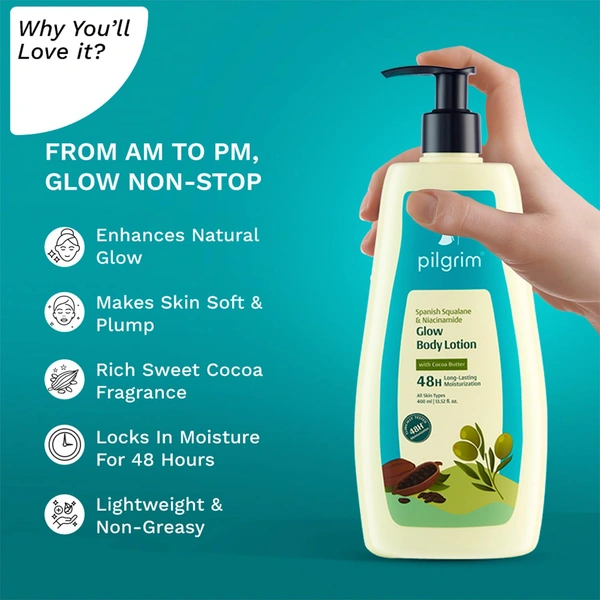 Pilgrim Spanish Glow Body Lotion 400ml with Squalane & Niacinamide | Hydrates, Brightens, and Smoothens Skin for a Natural Radiant Glow.