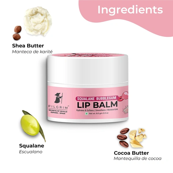 Pilgrim Squalane Bubblegum Lip Balm - 8g | With Shea & Cocoa Butter | Deeply Hydrates, Nourishes & Protects Lips | For Smooth & Chapped Lips | Moisturizing Lips | Lip Balm For Soft & Plump Lips