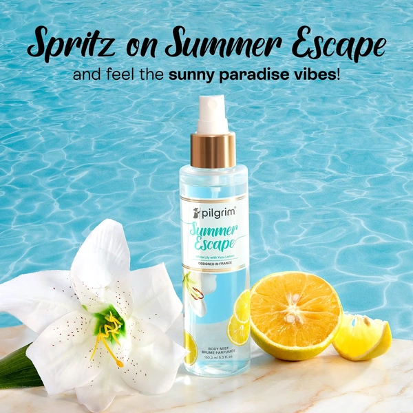 Pilgrim Summer Escape Body Mist - 150 ml  | With White Lily & Yuzu Lemon | Long-Lasting Scent |  Romance perfume for women | Body Mist for Women | Designed in France