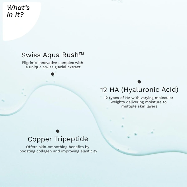 Pilgrim Swiss Aqua Rush 12 HA Serum - 30ml | Deep Hydration | Hyaluronic Acid & Copper Tripeptide | Lightweight & Fast-Absorbing | Deep & Long-Lasting Hydration | For All Skin Types