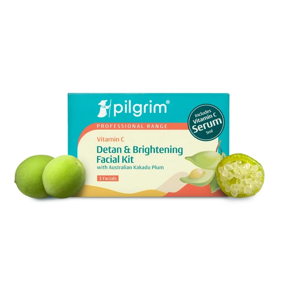 Pilgrim Vitamin C Detan & Brightening Facial Kit with Australian Kakadu Plum | 3-in-1 Facial Kit for Glowing Skin | Removes Sun Damage & Evens Skin Tone | Includes Vitamin C Serum 5ml