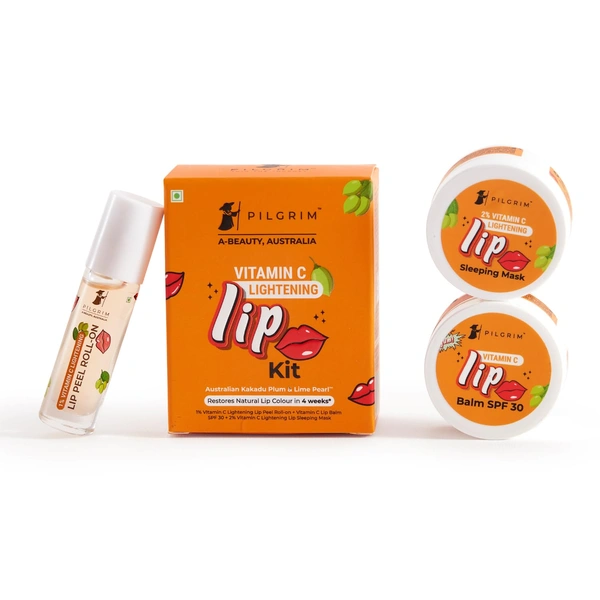 Pilgrim Vitamin C Lip Lightening Kit - 24ml | With Australian Kakadu Plum & Lime Pearl | Brightens, Exfoliates & Nourishes Lips | For Dark ,Dry & Chapped Lips  | 3 in 1 With Lip Peel Roll On, Lip Sleeping Mask & Lip Balm , Orange
