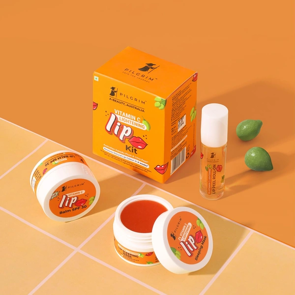 Pilgrim Vitamin C Lip Lightening Kit - 24ml | With Australian Kakadu Plum & Lime Pearl | Brightens, Exfoliates & Nourishes Lips | For Dark ,Dry & Chapped Lips  | 3 in 1 With Lip Peel Roll On, Lip Sleeping Mask & Lip Balm , Orange