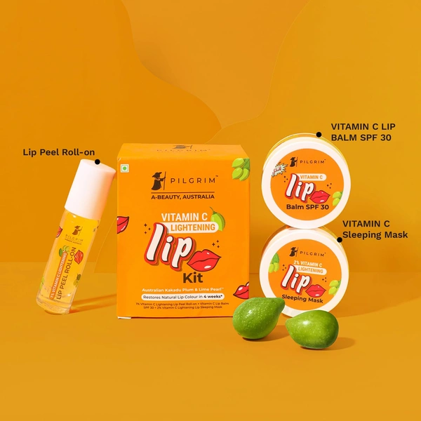 Pilgrim Vitamin C Lip Lightening Kit - 24ml | With Australian Kakadu Plum & Lime Pearl | Brightens, Exfoliates & Nourishes Lips | For Dark ,Dry & Chapped Lips  | 3 in 1 With Lip Peel Roll On, Lip Sleeping Mask & Lip Balm , Orange