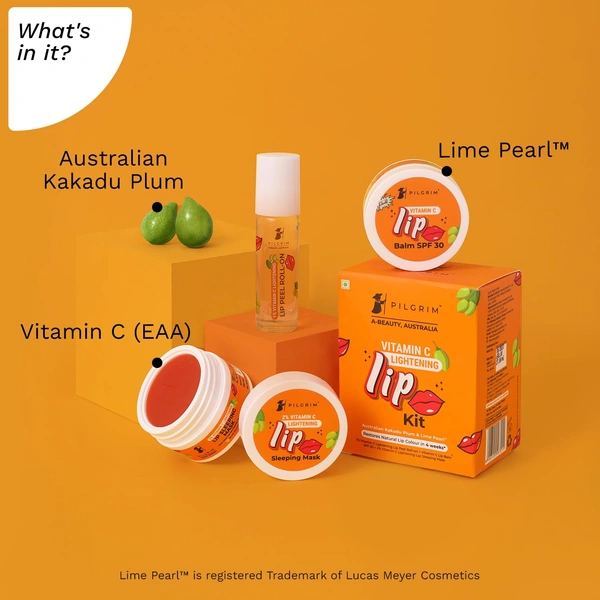 Pilgrim Vitamin C Lip Lightening Kit - 24ml | With Australian Kakadu Plum & Lime Pearl | Brightens, Exfoliates & Nourishes Lips | For Dark ,Dry & Chapped Lips  | 3 in 1 With Lip Peel Roll On, Lip Sleeping Mask & Lip Balm , Orange