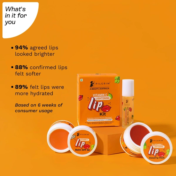 Pilgrim Vitamin C Lip Lightening Kit - 24ml | With Australian Kakadu Plum & Lime Pearl | Brightens, Exfoliates & Nourishes Lips | For Dark ,Dry & Chapped Lips  | 3 in 1 With Lip Peel Roll On, Lip Sleeping Mask & Lip Balm , Orange