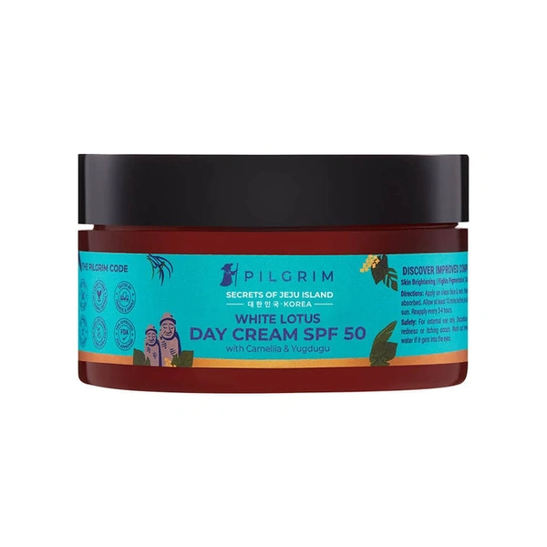 Pilgrim White Lotus Day Cream SPF 50 (PA+++) with Camellia & Yugdugu, 100gm | Protects Against UV Rays, Hydrates Skin, and Improves Skin Tone for a Radiant Finish.