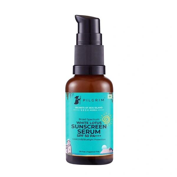 Pilgrim White lotus Sunscreen Serum -30 ml SPF 50 PA+++ | with Hyaluronic acid & CICA |  Broad-Spectrum Sun Protection | No white cast | Oil & Silicon free | Non-greasy | Lightweight  | UVA and UVB protection | Korean skin care | For All skin types
