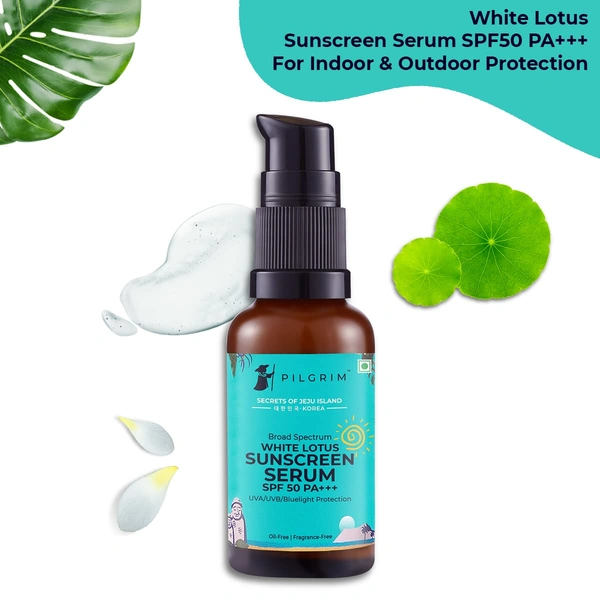 Pilgrim White lotus Sunscreen Serum -30 ml SPF 50 PA+++ | with Hyaluronic acid & CICA |  Broad-Spectrum Sun Protection | No white cast | Oil & Silicon free | Non-greasy | Lightweight  | UVA and UVB protection | Korean skin care | For All skin types