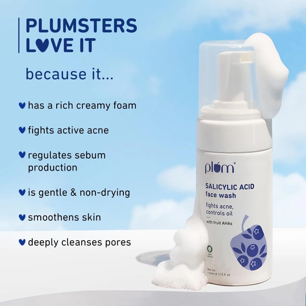 Plum 1% Encapsulated Salicylic Acid Foaming Face Wash 110ml | Fights Acne, Blackheads & Breakouts | With Glycolic Acid & Fruit AHAs | All Skin Types | Creamy Cleanser