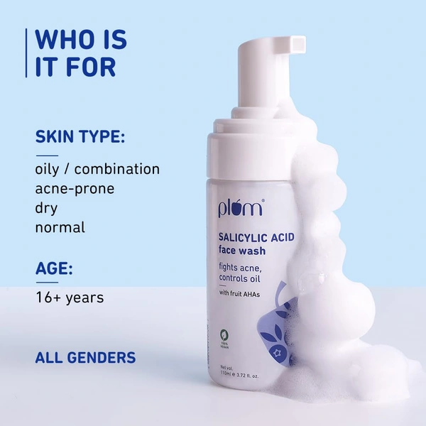 Plum 1% Encapsulated Salicylic Acid Foaming Face Wash 110ml | Fights Acne, Blackheads & Breakouts | With Glycolic Acid & Fruit AHAs | All Skin Types | Creamy Cleanser