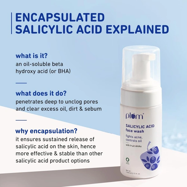 Plum 1% Encapsulated Salicylic Acid Foaming Face Wash 110ml | Fights Acne, Blackheads & Breakouts | With Glycolic Acid & Fruit AHAs | All Skin Types | Creamy Cleanser