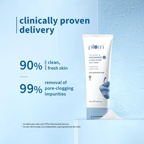 Plum 2% Niacinamide Simply Bright Face Wash 100ml | With Rice Water | Brightens & Smoothens Skin | Helps Fade Blemishes | Gentle, Non-Drying Cleanser | Vegan | Women & Men