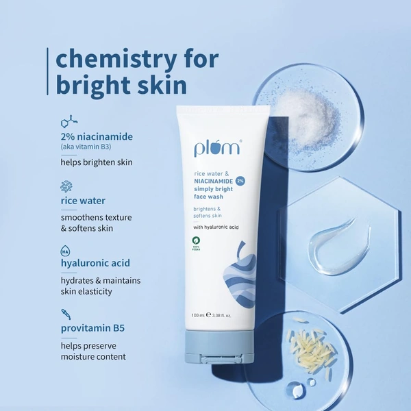 Plum 2% Niacinamide Simply Bright Face Wash 100ml | With Rice Water | Brightens & Smoothens Skin | Helps Fade Blemishes | Gentle, Non-Drying Cleanser | Vegan | Women & Men