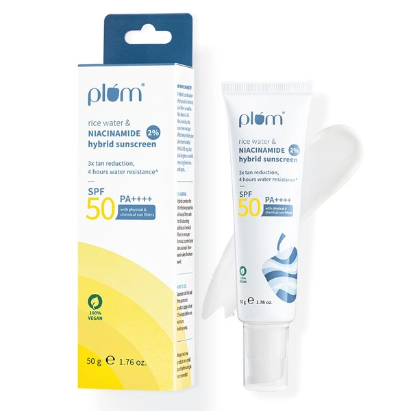 Plum 2% Niacinamide Sunscreen SPF 50 PA++++ 50g | With Rice Water | 4-Hour Water Resistant | 3x Tan Reduction | Brightening, No White Cast, Lightweight & Non-Sticky | Vegan