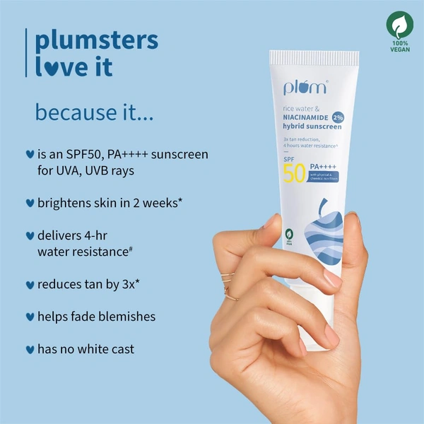 Plum 2% Niacinamide Sunscreen SPF 50 PA++++ 50g | With Rice Water | 4-Hour Water Resistant | 3x Tan Reduction | Brightening, No White Cast, Lightweight & Non-Sticky | Vegan