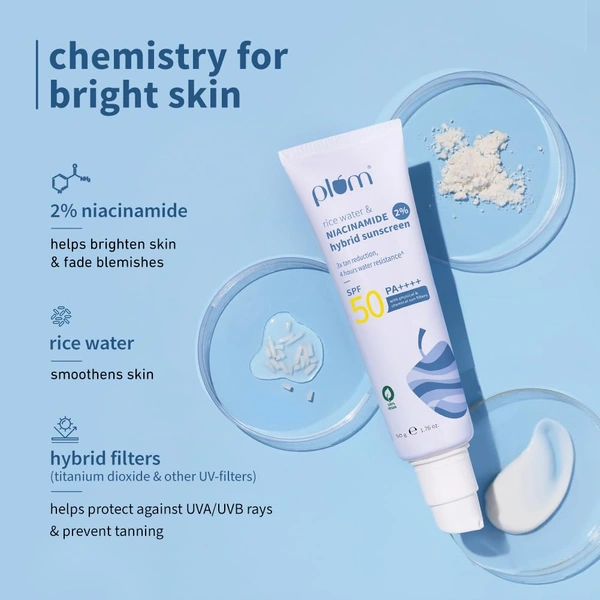 Plum 2% Niacinamide Sunscreen SPF 50 PA++++ 50g | With Rice Water | 4-Hour Water Resistant | 3x Tan Reduction | Brightening, No White Cast, Lightweight & Non-Sticky | Vegan