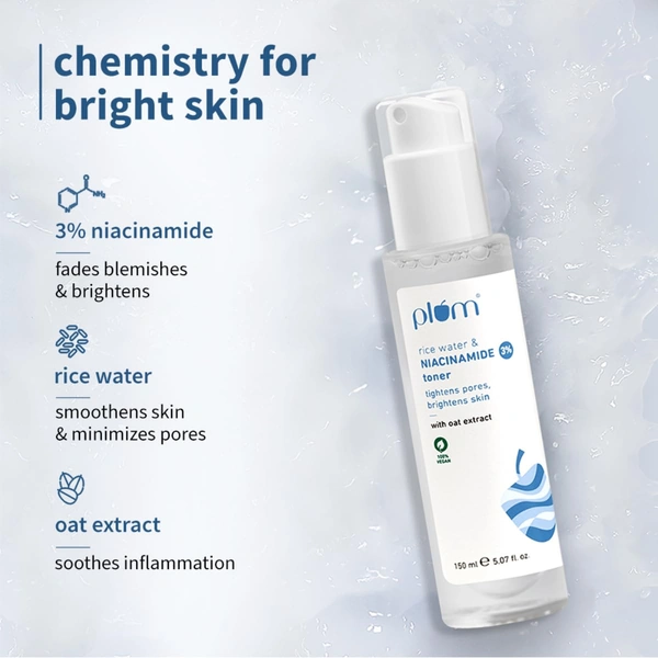Plum 3% Niacinamide & Rice Water Face Toner 150ml | Alcohol-Free | Pore Tightening, Brightens & Smoothens Skin | Fades Blemishes | For Oily, Acne-Prone & Combination Skin | Women & Men | Vegan