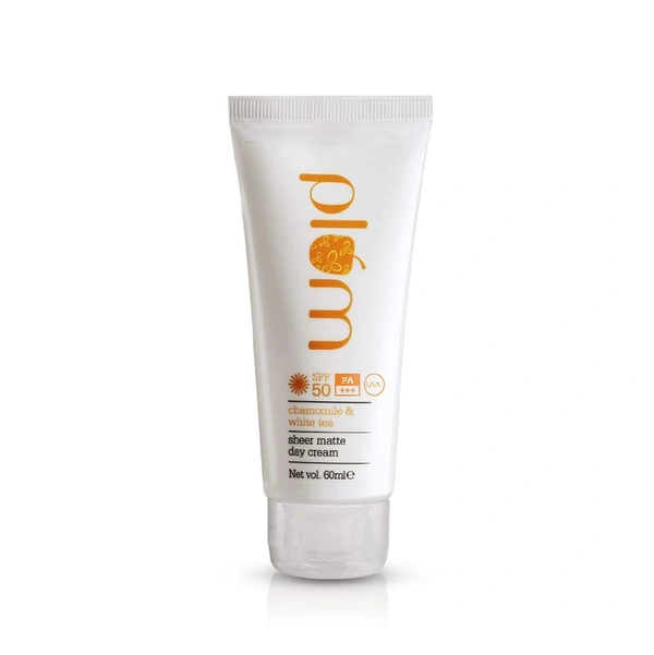 Plum Chamomile & White Tea Sheer Matte Day Cream 60ml with SPF50 PA+++ | Broad Spectrum Protection & Lightweight | Non-Greasy, Soothes & Brightens Skin, Daily Use Sunscreen