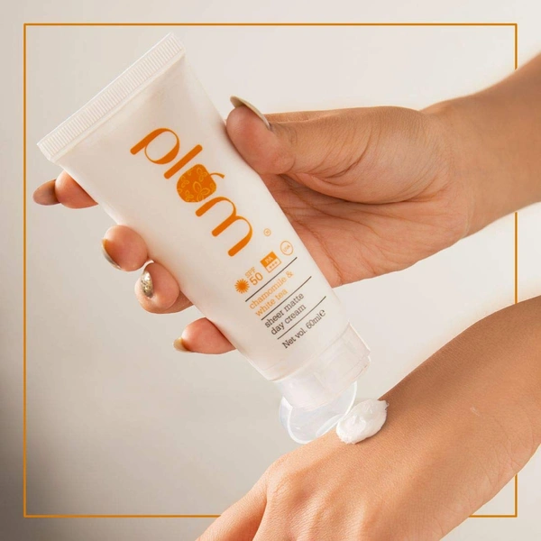 Plum Chamomile & White Tea Sheer Matte Day Cream 60ml with SPF50 PA+++ | Broad Spectrum Protection & Lightweight | Non-Greasy, Soothes & Brightens Skin, Daily Use Sunscreen