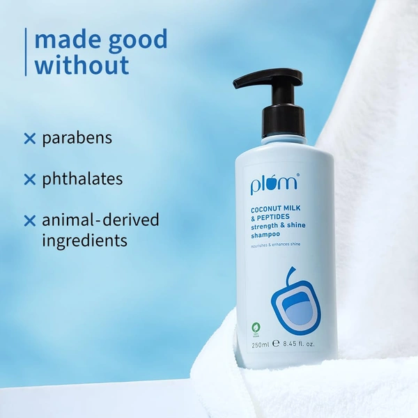 Plum Coconut Milk & Peptides Strength & Shine Shampoo 250ml | 22X Smoother Hair | Smoothening & Strengthening with Coconut Milk & Pea Peptide | Paraben-Free & Vegan