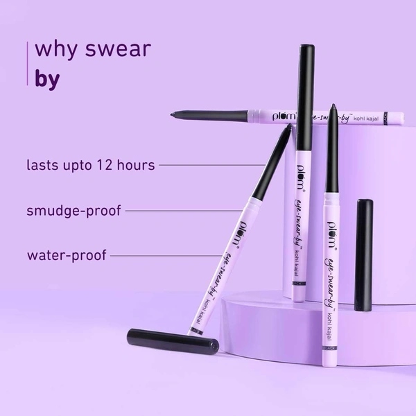 Plum Eye-Swear-By Kajal 0.35g Combo Pack Deep Black pack of 2 | Creamy Smooth, Waterproof & Smudge-Proof | 12hr Long-Lasting Twist-Up Kajal Pencil | Enriched with Vitamin E | 100% Vegan & Cruelty-Free